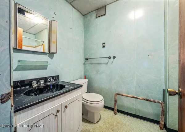 a bathroom with a sink a toilet and a mirror
