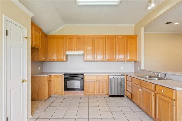 a large kitchen with a sink and cabinets