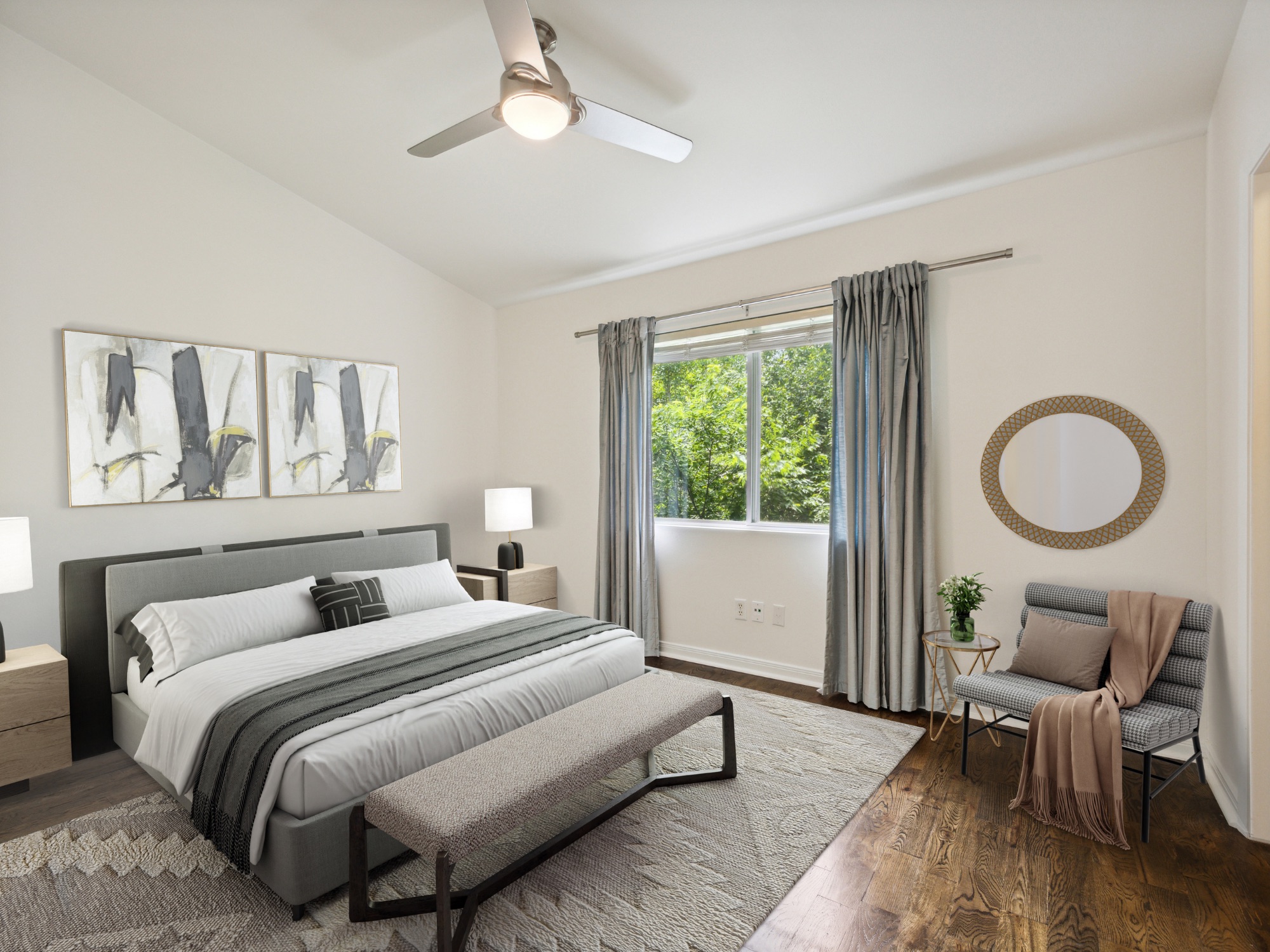 1503 West 9th Street, Unit 204 Austin, TX 78703 - Photo 12 of 21 Vaulted ceilings with a ceiling fan, large window with outdoor greenery, wood-finish flooring, and light-toned walls