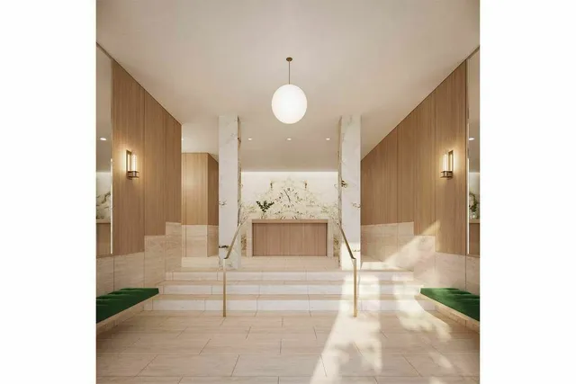 a bathroom with a tub sink and a mirror