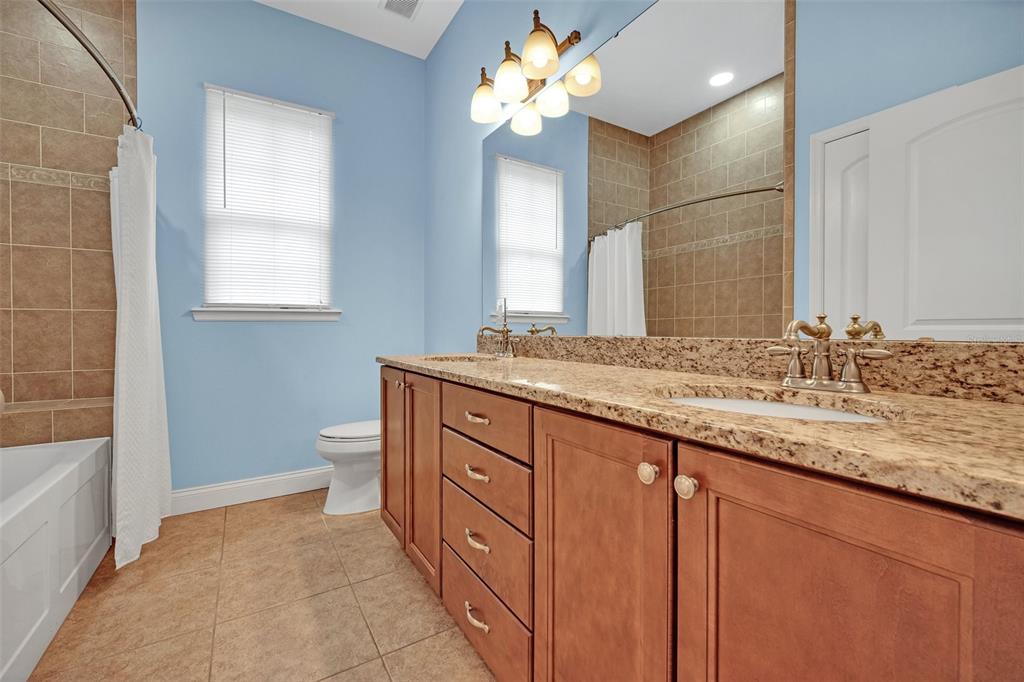 9824 Brantley Road Lithia, FL 33547 - Photo 21 of 38 a bathroom with a granite countertop sink a toilet and a mirror