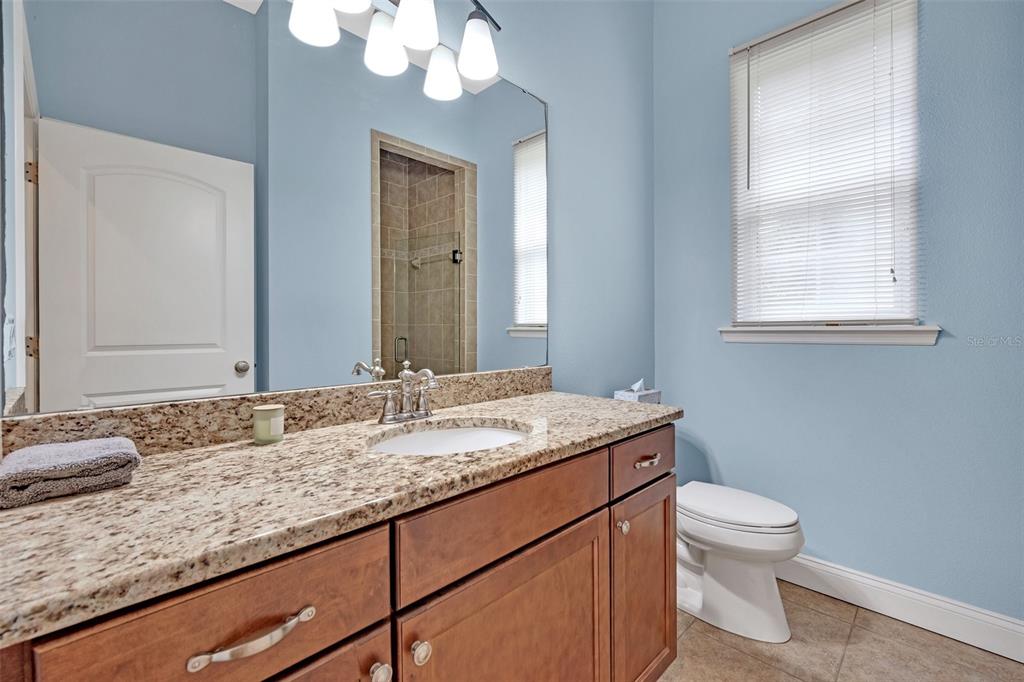9824 Brantley Road Lithia, FL 33547 - Photo 27 of 38 a bathroom with a granite countertop sink a toilet and a mirror