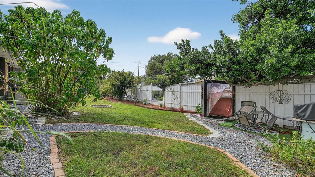 6499 Nebula Street Weeki Wachee, FL 34613 - Photo 40 of 54 a view of a backyard with table and chairs and a large tree