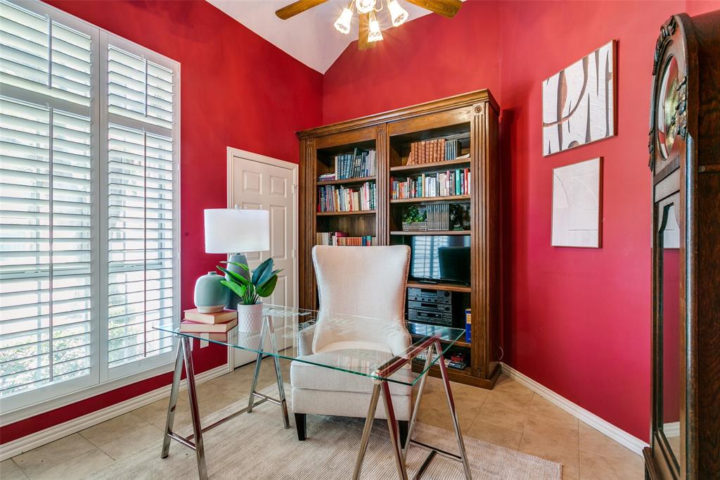 14596 Blueberry Court Addison, TX 75001 - Photo 4 of 32 Sitting room featuring ceiling fan, vaulted ceiling, and light tile patterned flooring