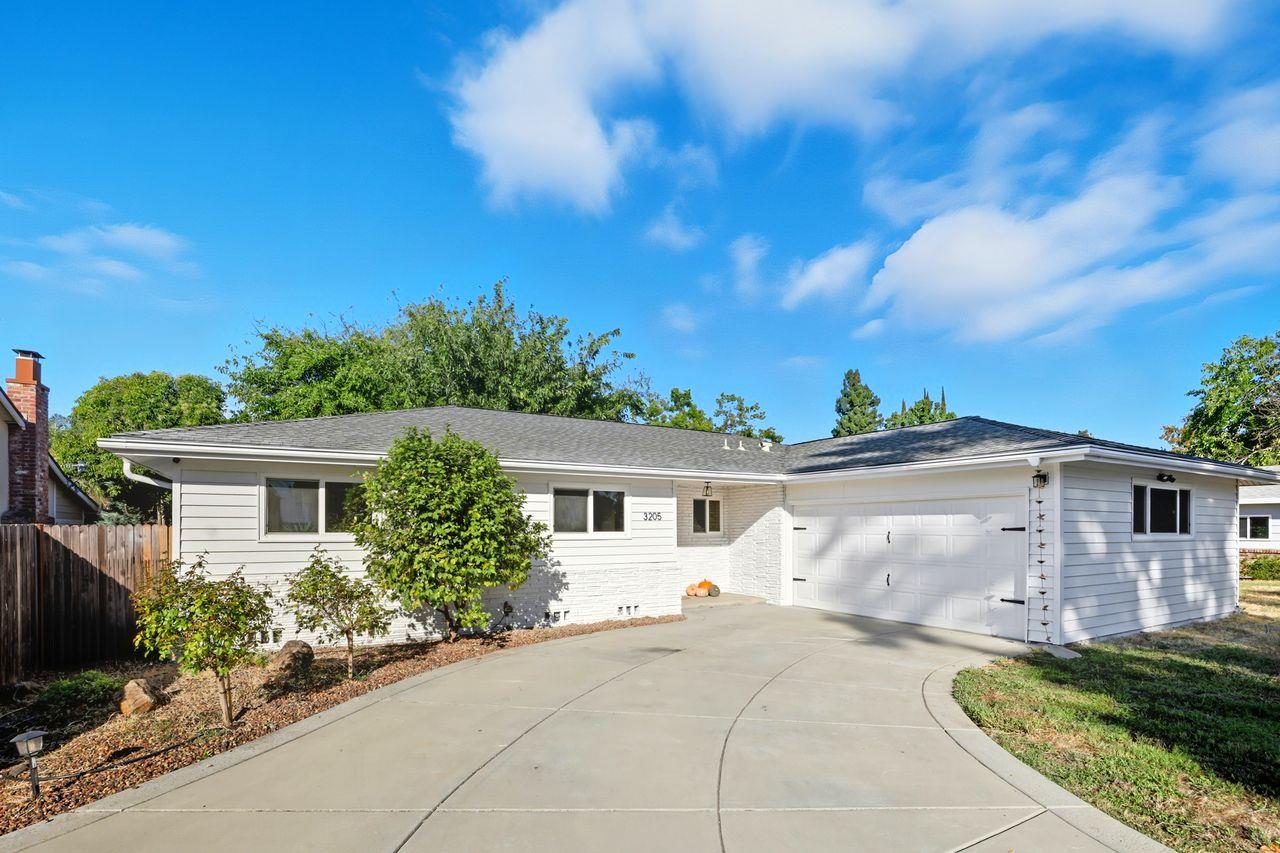 front view of a house with a patio