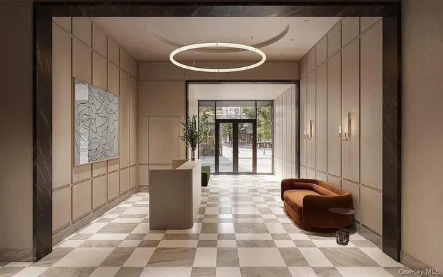 a room with a black white checkered floor and a large window