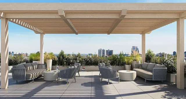a roof deck with couches and potted plants