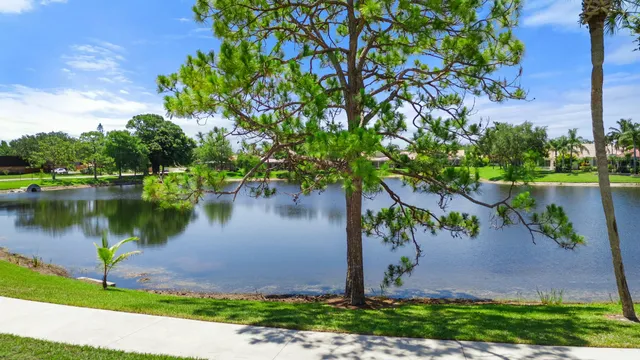 a lake view with a garden