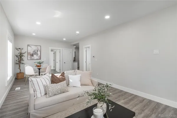 a living room with furniture and a potted plant