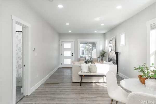 a living room with furniture and a potted plant