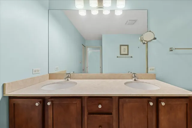 a bathroom with a sink and a mirror