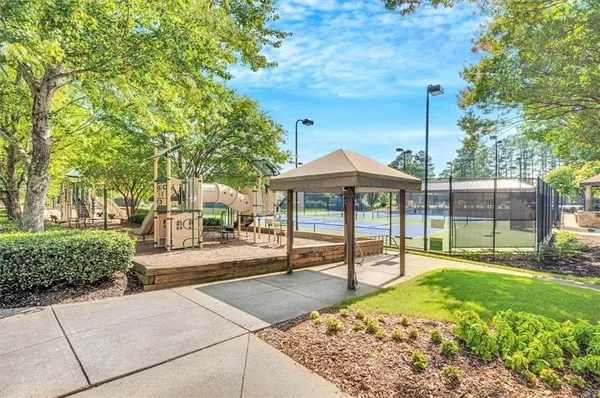 a view of a park with slide