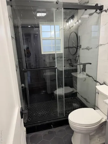 a bathroom with a toilet and a shower