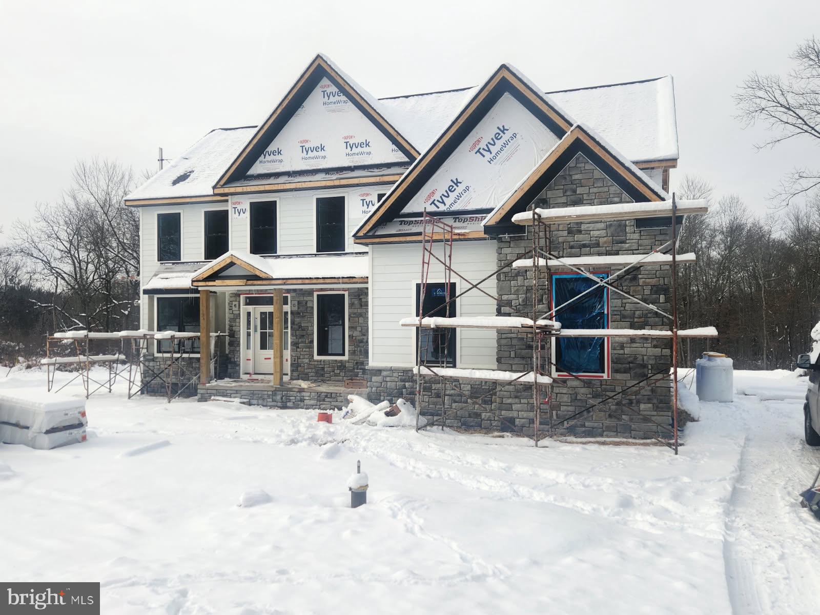 a front view of a house with a yard covered in snow