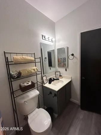 a bathroom with a toilet sink and mirror