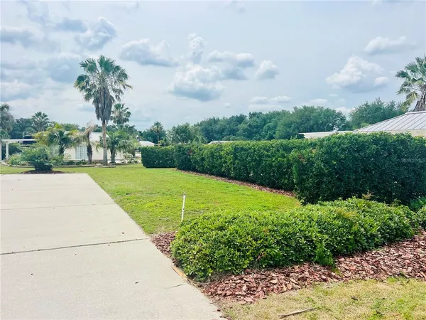 a view of a garden with a building in the background