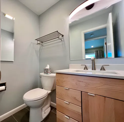 a bathroom with a sink a toilet a mirror and shower