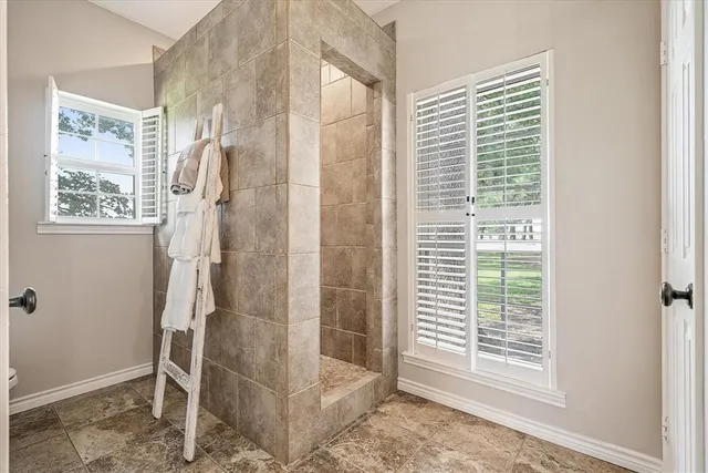 a bathroom with a shower and a window