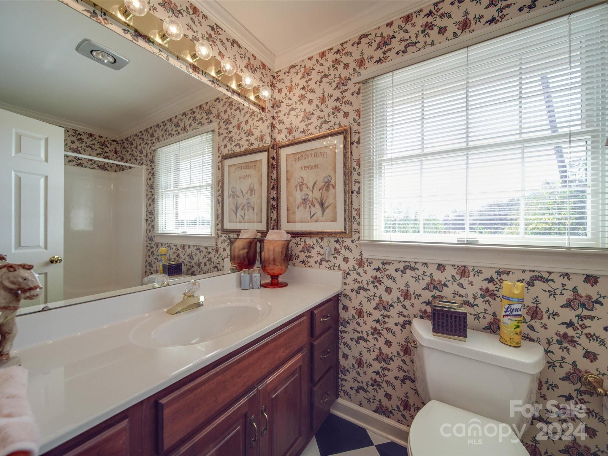 205 James Road Oakboro, NC 28129 - Photo 39 of 48 a bathroom with a sink a toilet a large mirror and shower