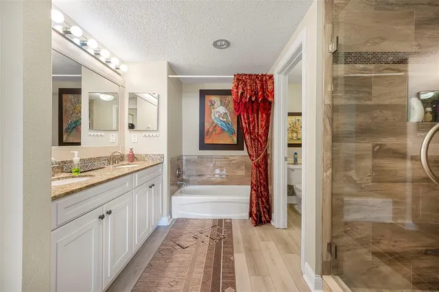 a bathroom with a granite countertop shower a sink and a mirror