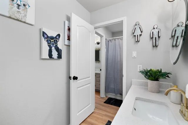 a hallway with painting and a potted plant