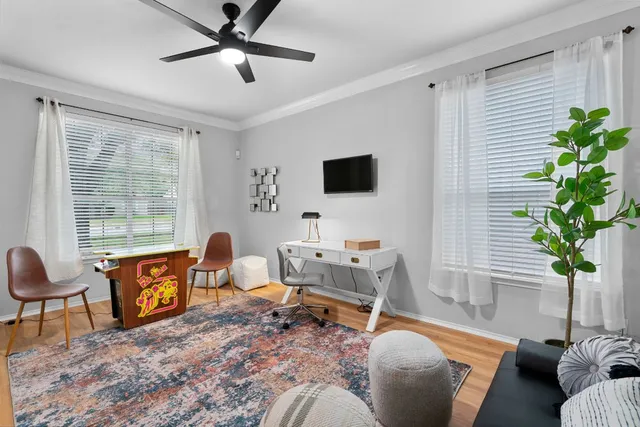 a living room with furniture and a potted plant