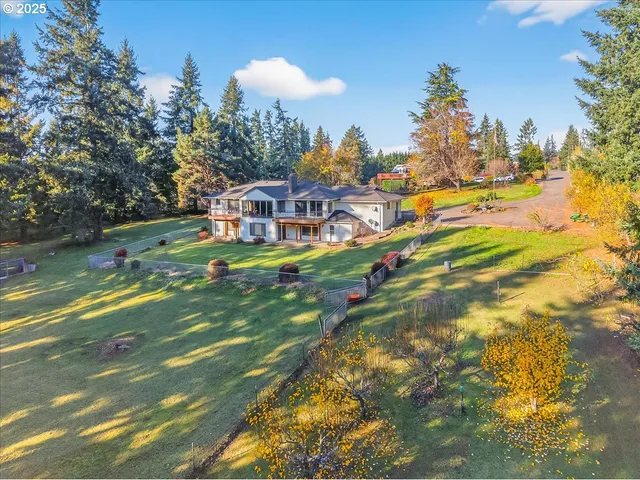 an aerial view of residential houses with outdoor space and trees