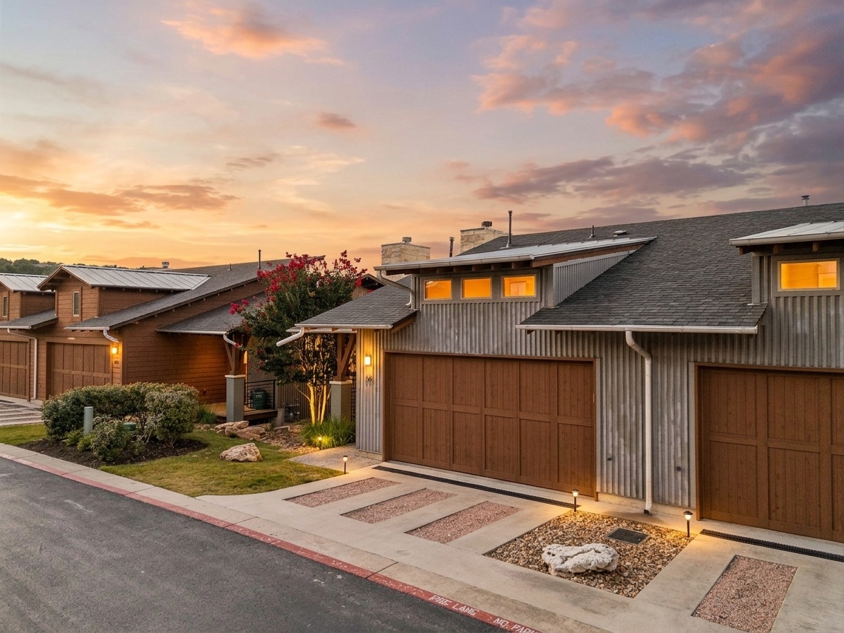 8110 Ranch Road 2222, Unit 68 Austin, TX 78730 - Photo 24 of 24 Dramatic sunset illuminates this contemporary facade, featuring garage access and meticulously maintained landscaping.
