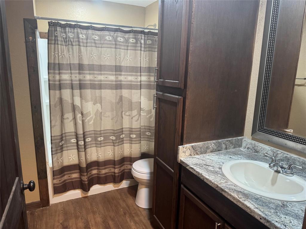377 Private Road 3249, Unit ARENA Decatur, TX 76234 - Photo 31 of 40 a bathroom with a granite countertop sink toilet and shower