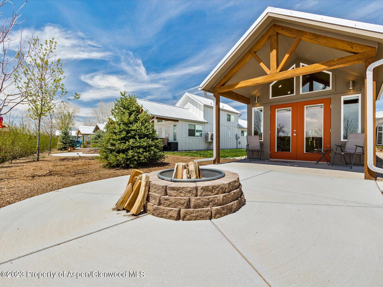 a front view of building with garage