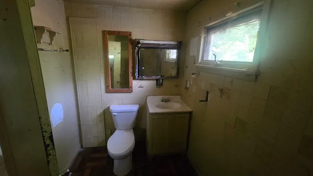 a bathroom with a sink toilet and window