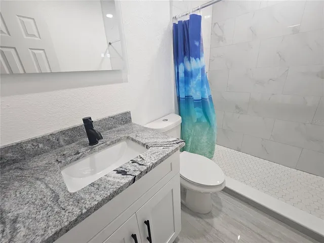a bathroom with a granite countertop sink a toilet and a bathtub