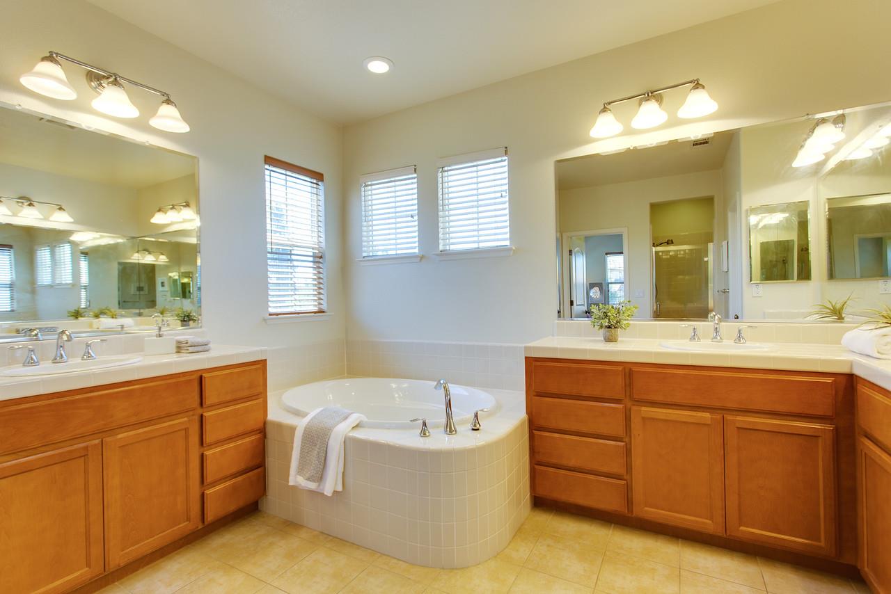 1615 Farringdon Way San Ramon, CA 94582 - Photo 11 of 18 a bathroom with a tub a double vanity sink and mirror with bathtub