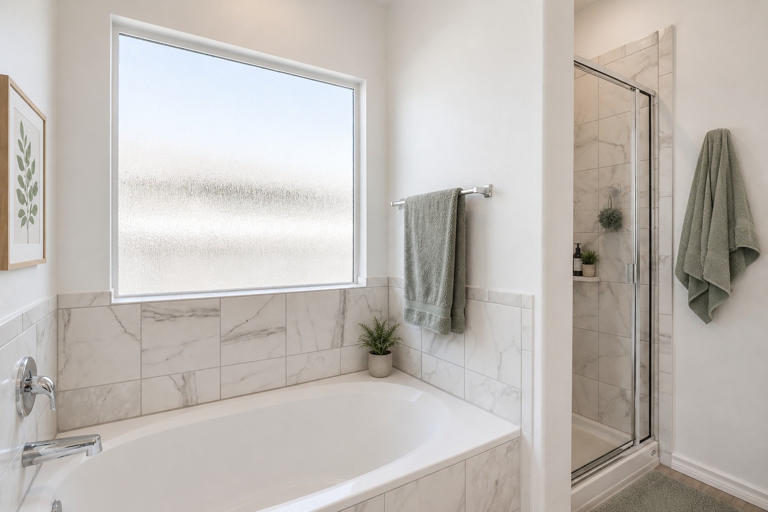 207 Otter Road Kyle, TX 78640 - Photo 10 of 26 Marble-patterned tile surrounds a deep soaking tub and adjacent walk-in shower.
