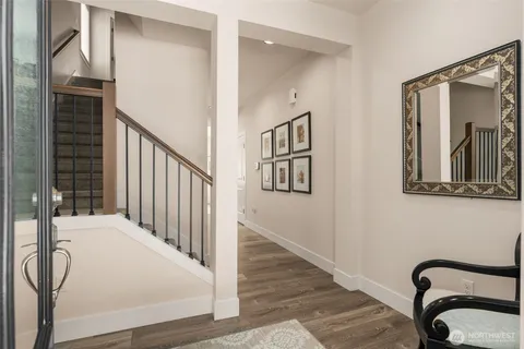 a view of a hallway with painted walls