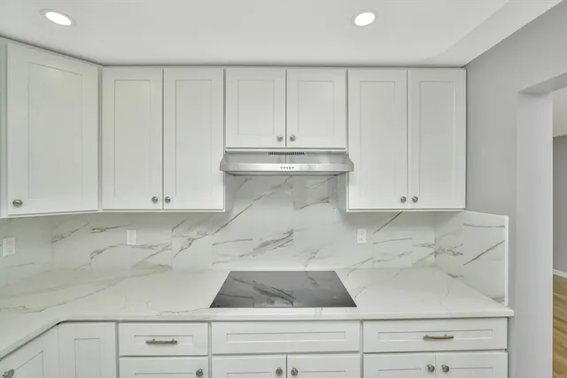 a view of white cabinets and a wooden floor
