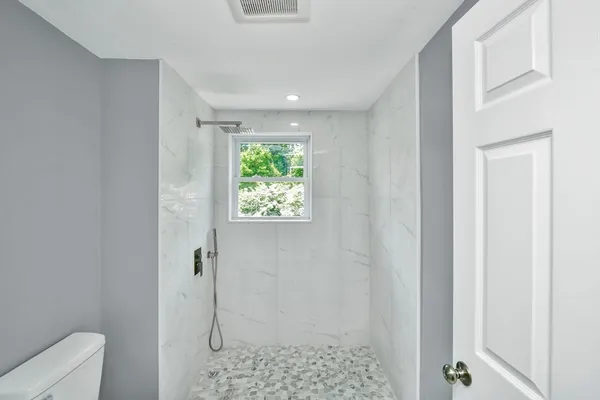 a bathroom with a shower and a toilet