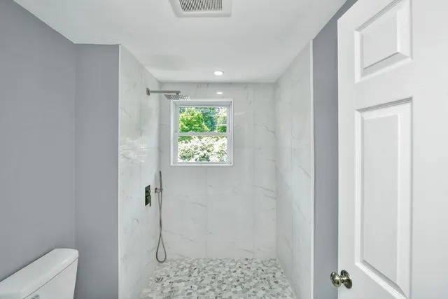a bathroom with a shower and a toilet