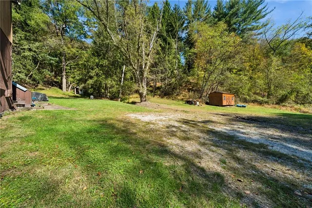 a view of backyard with swimming pool and green space