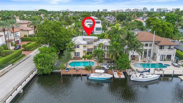an aerial view of a house with swimming pool garden view and lake view