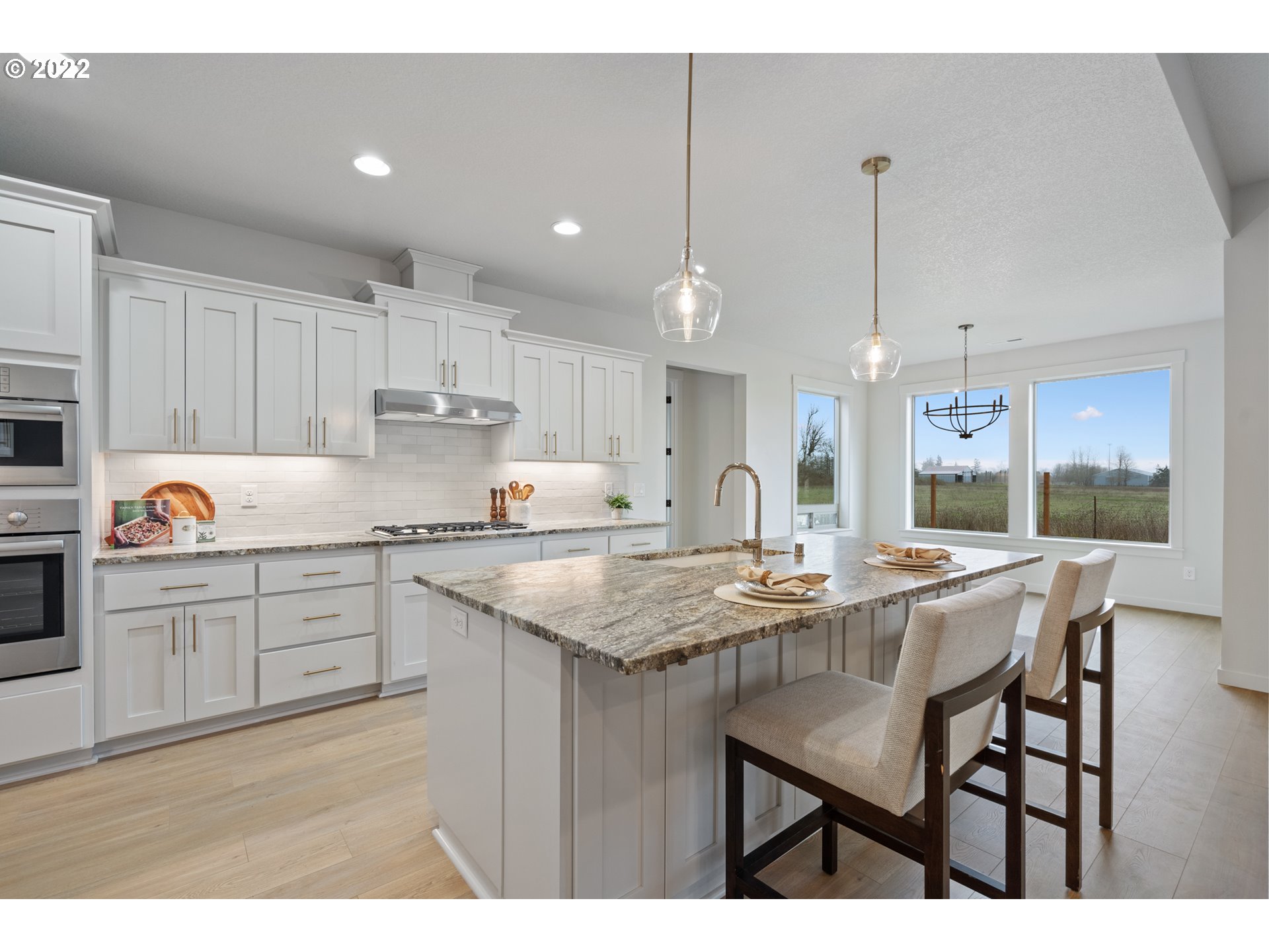 818 South 88th Avenue Ridgefield, WA 98642 - Photo 12 of 32 a kitchen with stainless steel appliances granite countertop a stove a sink dishwasher and white cabinets with wooden floor