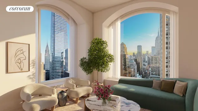 a living room with a table and a window