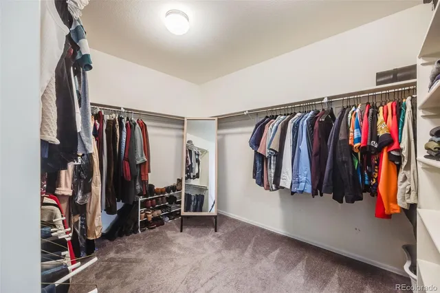 a view of walk in closet with clothes and shoes