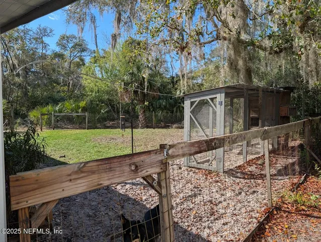 a view of a yard with plants and trees