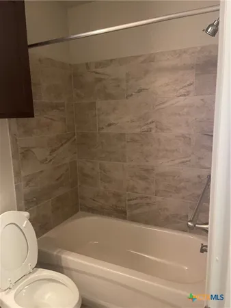 a bathroom with a toilet and a bath tub
