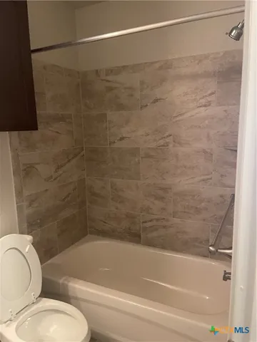 a bathroom with a toilet and a bath tub