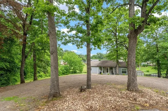 a view of a road with large trees and a barn