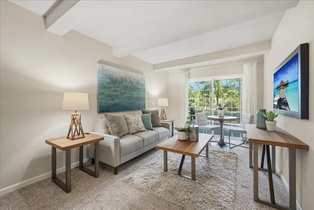 a living room with furniture a rug and a lamp