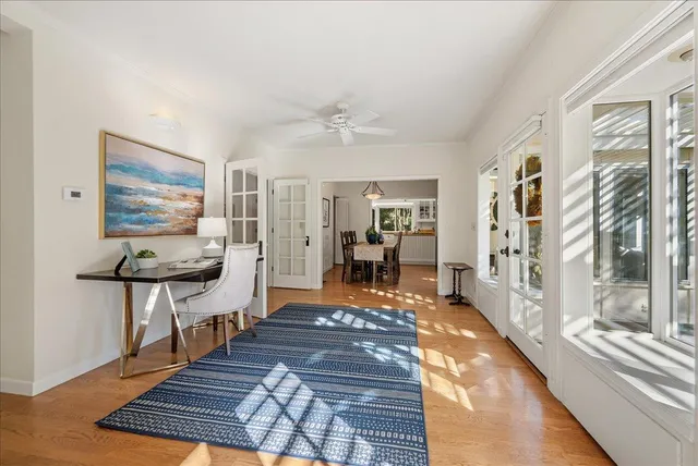 a lobby with furniture and a table