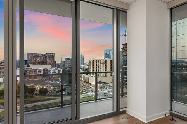 a city view with tall buildings